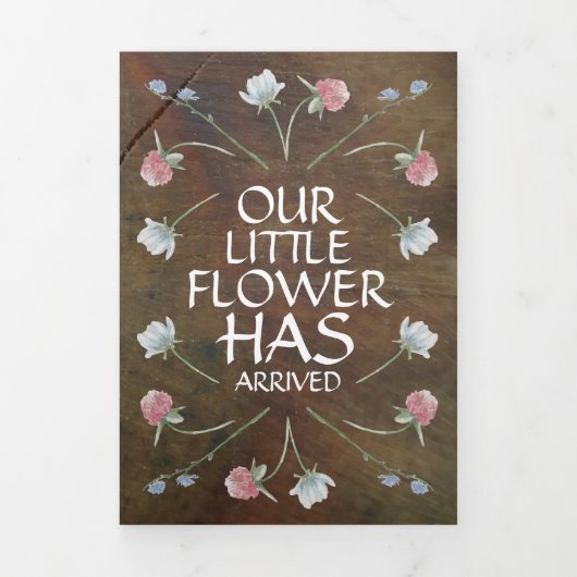 ワイルドフラワーオークウッド、3フォトコラージュベビー誕生 三つ折り案内状 (カバー)