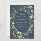 ワイルドフラワーオーバル結婚フレームのネイビーブルー 招待状 (正面)