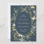 ワイルドフラワーオーバル結婚フレームのフォトネイビー セーブザデート (正面)