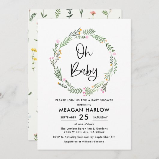 ワイルドフラワーオーベビーガール赤ちゃんシャワー 招待状 (正面/裏面)