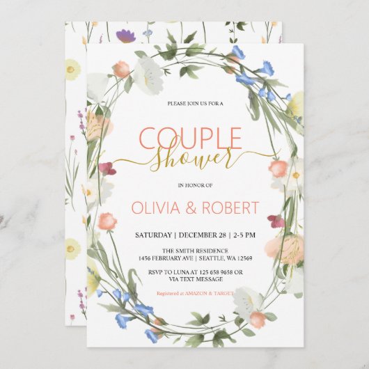ワイルドフラワーカップルのシャワー招待状 シーズンカード (正面/裏面)