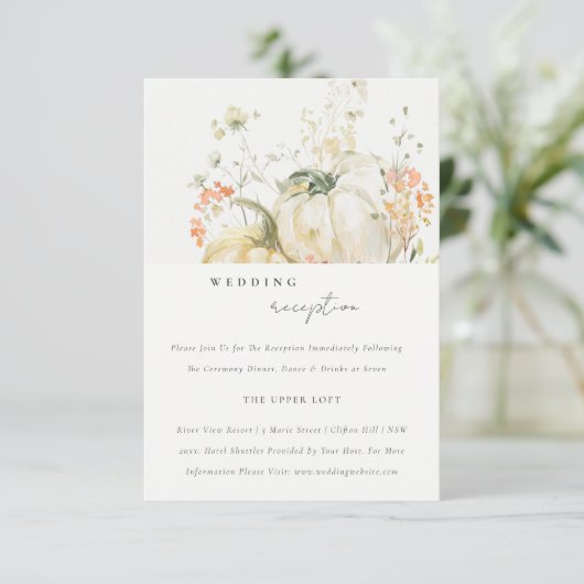 ワイルドフラワーカボチャ水彩ウェディングレセプション エンクロージャーカード (スタンド正面)