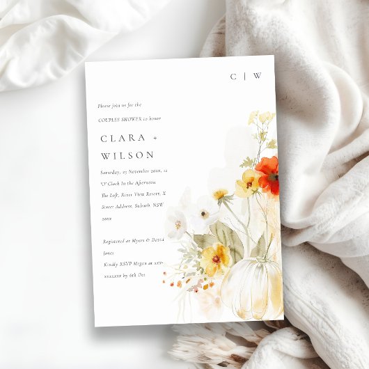 ワイルドフラワーカボチャ水彩カップルのシャワー 招待状