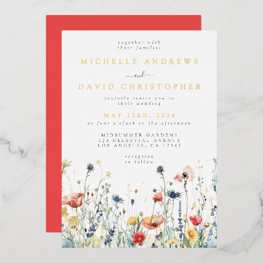 ワイルドフラワーカラフルのホイル結婚招待状 箔招待状 (正面/裏面)