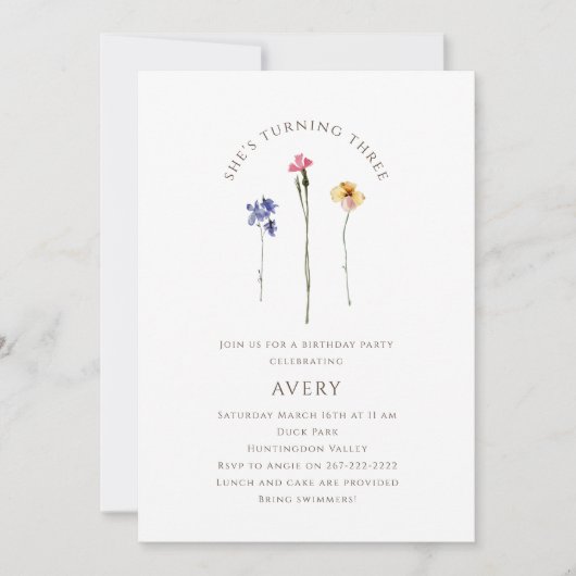 ワイルドフラワーカラフルの第3誕生日パーティー 招待状 (正面)