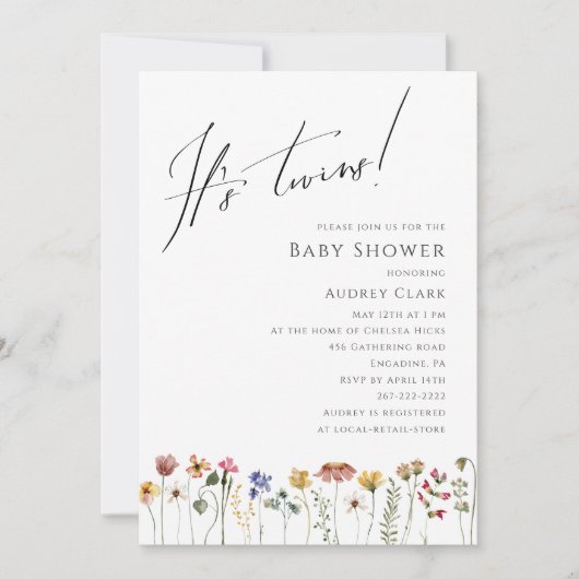 ワイルドフラワーカラフルの赤ちゃんシャワー双子 招待状 (正面)