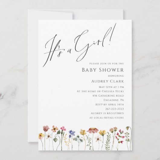 ワイルドフラワーカラフルの赤ちゃんシャワー女の子 招待状 (正面)