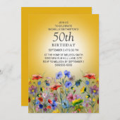 ワイルドフラワーカラフルイエローサンシャイン50誕生日 招待状 (正面/裏面)