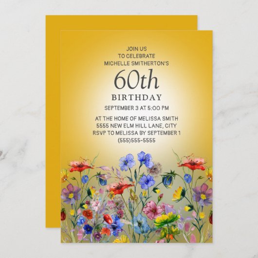 ワイルドフラワーカラフルイエローサンシャイン60誕生日 招待状 (正面/裏面)