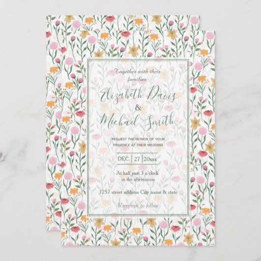 ワイルドフラワーカラフルウォーターのカラーデザイン 招待状 (正面/裏面)