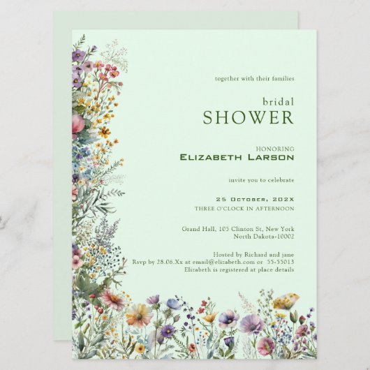 ワイルドフラワーカラフルウォーターのカラーブライダルシャワー 招待状 (正面/裏面)