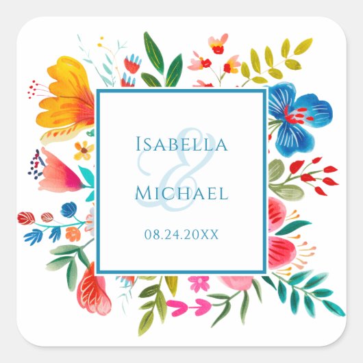 ワイルドフラワーカラフルウォーターの色のステッ結婚カー スクエアシール (正面)