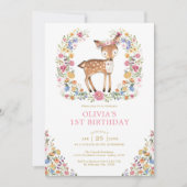 ワイルドフラワーカラフルウッドランドディアガール誕生日 招待状 (正面)
