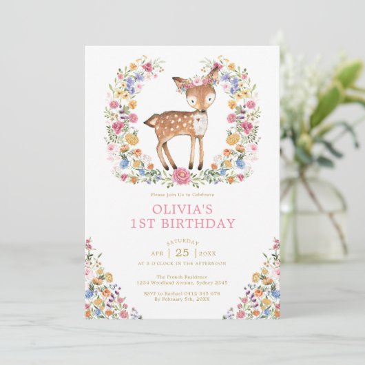 ワイルドフラワーカラフルウッドランドディアガール誕生日 招待状 (スタンド正面)