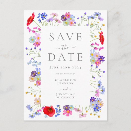 ワイルドフラワーカラフルエレガントな結婚式の日付を保存 インビテーションポストカード (正面)