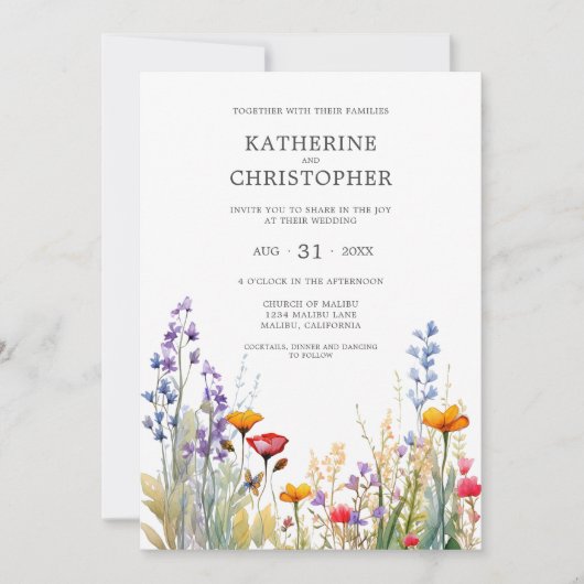 ワイルドフラワーカラフルエレガントな結婚式 招待状 (正面)