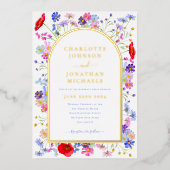 ワイルドフラワーカラフルエレガントアーチ金ゴールド 箔招待状 (正面)