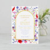 ワイルドフラワーカラフルエレガントアーチ金ゴールド 箔招待状 (立ち正面)