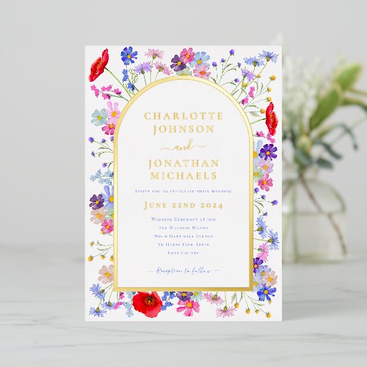 ワイルドフラワーカラフルエレガントアーチ金ゴールド 箔招待状 (立ち正面)