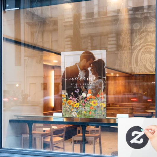 ワイルドフラワーカラフルカントリーのウェディングウェルカムフォト ウィンドウサイン (カフェ窓)