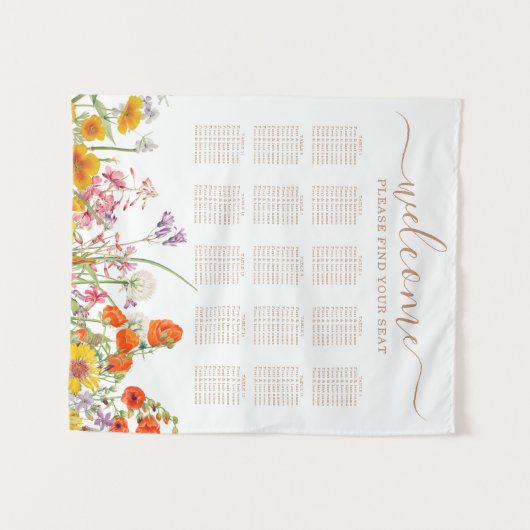 ワイルドフラワーカラフルカントリーの結婚式のシーティングチャート タペストリー (正面(横))