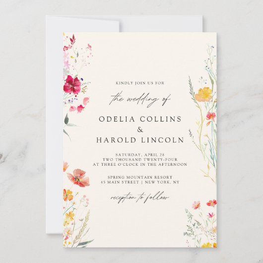 ワイルドフラワーカラフルクリーム結婚のQRコード 招待状 (正面)