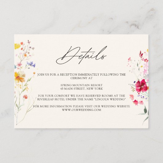 ワイルドフラワーカラフルクリーム | ブラック結婚詳細 エンクロージャーカード (正面)