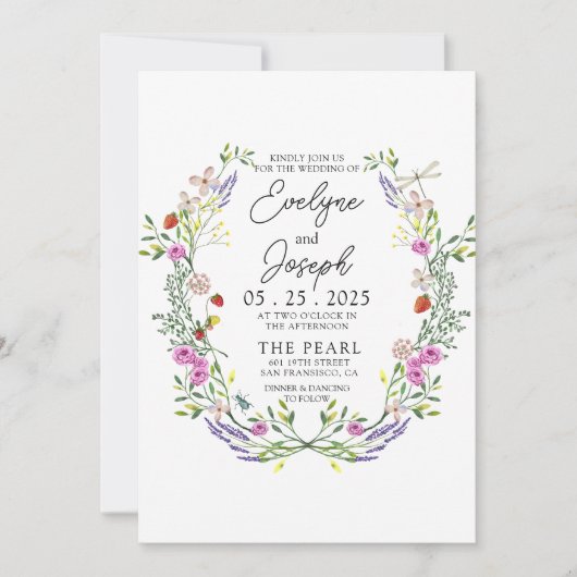 ワイルドフラワーカラフルグリーンフローラ結婚リース 招待状 (正面)