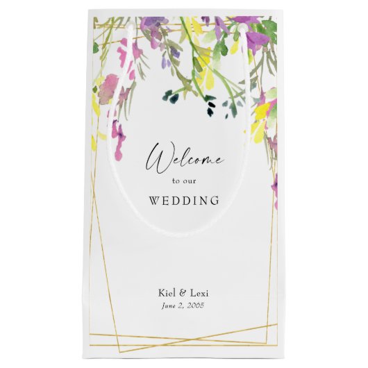 ワイルドフラワーカラフルジオメトリック結婚の歓迎 スモールペーパーバッグ (正面)
