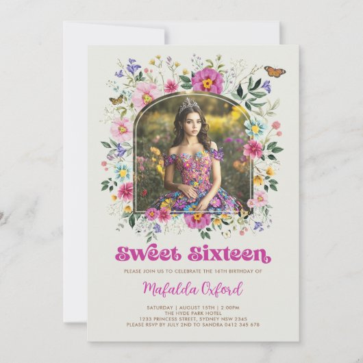 ワイルドフラワーカラフルスウィート16誕生日写真 招待状 (正面)