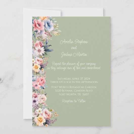 ワイルドフラワーカラフルセージ緑結婚の花 招待状 (正面)