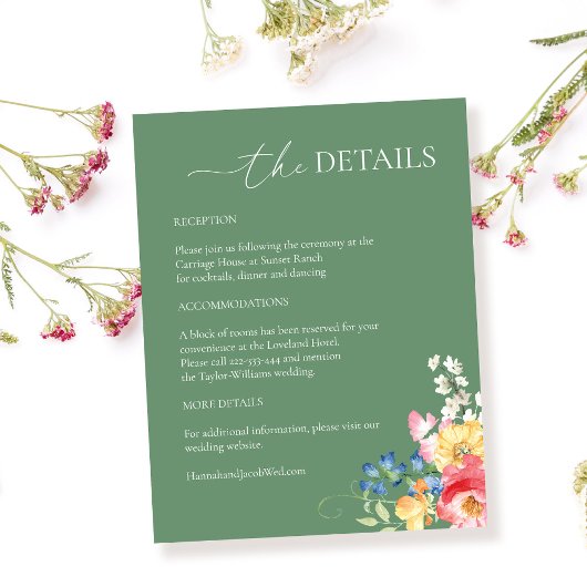 ワイルドフラワーカラフルセージ緑結婚の詳細 エンクロージャーカード