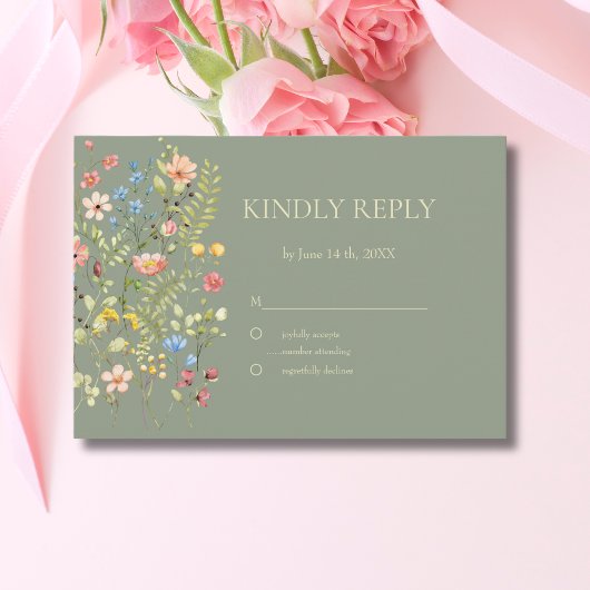 ワイルドフラワーカラフルセージ&イエロー結婚ズ 出欠カード