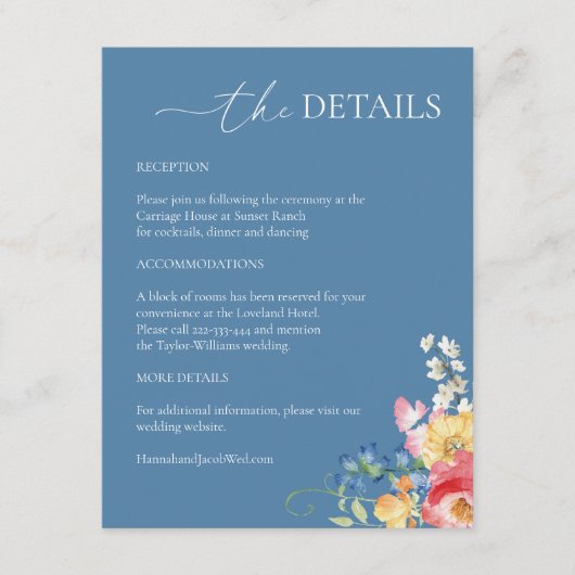 ワイルドフラワーカラフルダスティブルー結婚ズ詳細 エンクロージャーカード (正面)