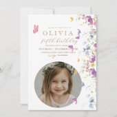 ワイルドフラワーカラフルバタフライフォト誕生日 招待状 (正面)