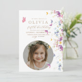 ワイルドフラワーカラフルバタフライフォト誕生日 招待状 (スタンド正面)