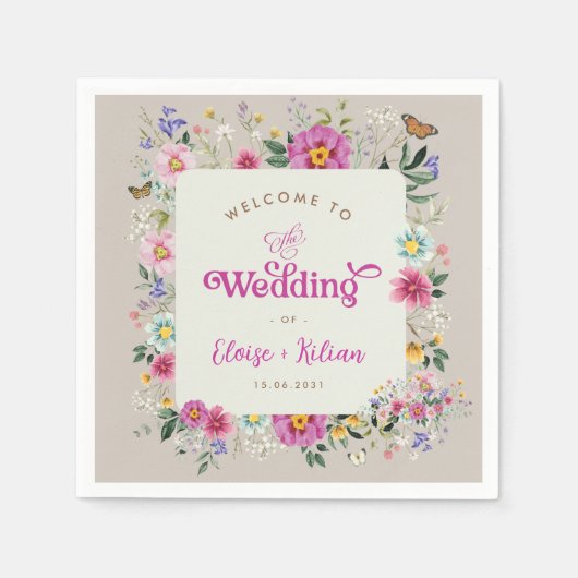 ワイルドフラワーカラフルバタフライ庭園の結婚式 スタンダードカクテルナプキン (正面)