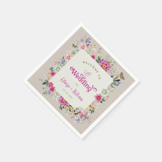 ワイルドフラワーカラフルバタフライ庭園の結婚式 スタンダードカクテルナプキン (角)