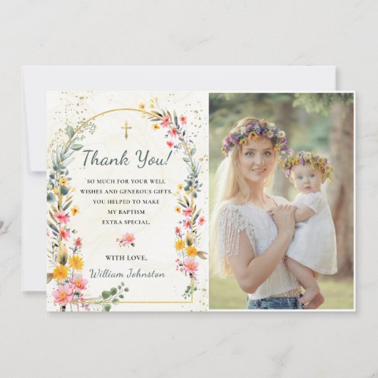 ワイルドフラワーカラフルバプテスマ写真サンキューカード 招待状 (正面)
