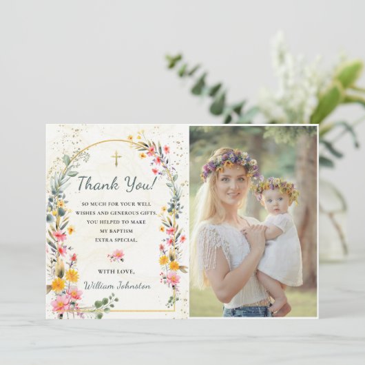 ワイルドフラワーカラフルバプテスマ写真サンキューカード 招待状 (スタンド正面)