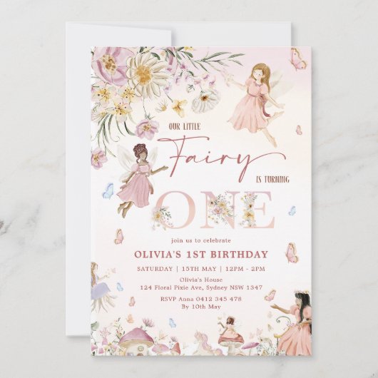 ワイルドフラワーカラフルフェアリープリンセス1st誕生日 | 招待状 (正面)