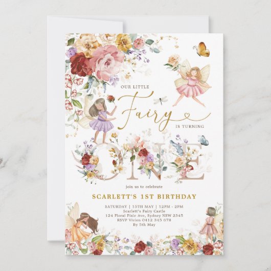 ワイルドフラワーカラフルフェアリープリンセス1st誕生日 招待状 (正面)
