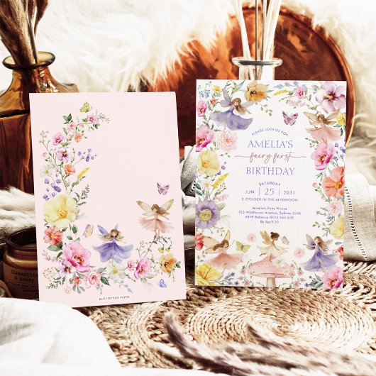 ワイルドフラワーカラフルフェアリー最初の誕生日パーティー 招待状