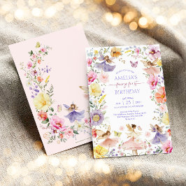 ワイルドフラワーカラフルフェアリー最初の誕生日パーティー 招待状