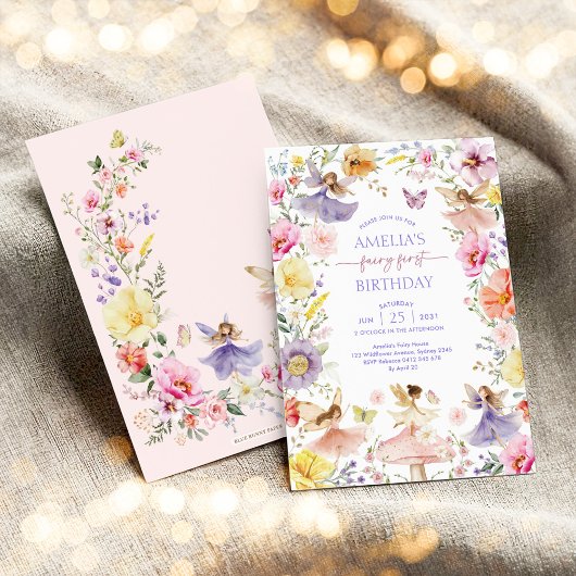 ワイルドフラワーカラフルフェアリー最初の誕生日パーティー 招待状