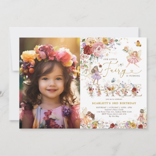 ワイルドフラワーカラフルフェアリー3rdバースデーフォト 招待状 (正面)