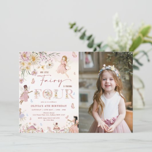 ワイルドフラワーカラフルフェアリー4th誕生日の写真 招待状 (スタンド正面)