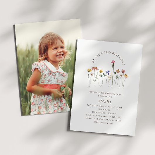 ワイルドフラワーカラフルフォト子供の誕生日パーティー 招待状