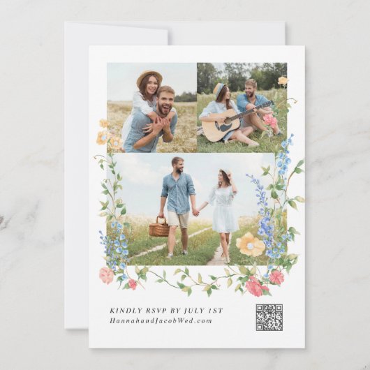 ワイルドフラワーカラフルフォトQRコードRSVP結婚's 招待状 (裏面)