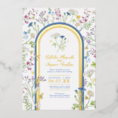 ワイルドフラワーカラフルフローラの水色結婚ブルー 箔招待状 (正面)